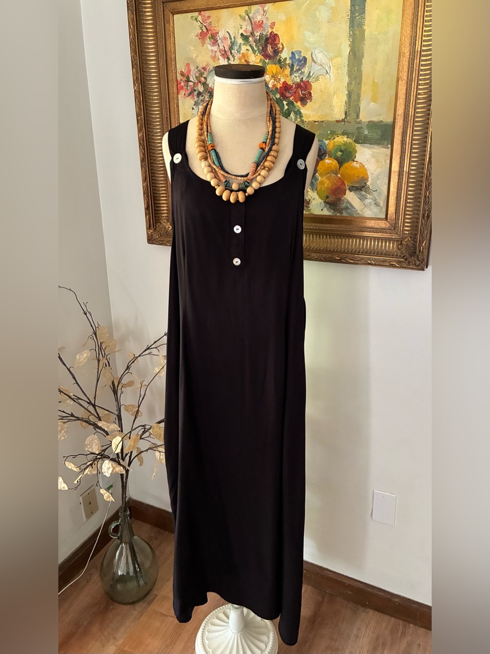 Vintage 90s Bohemian Lagenlook Black Midi Dress Size 1X